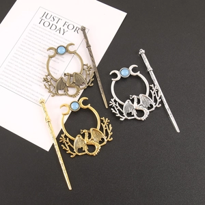 Vintage alloy dragon and crescent moon hair stick set with sky blue gemstones in three colors