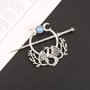 Gothic dragon moon hair pin with blue bead in vintage silver alloy finish