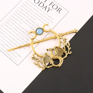 Golden dragon hair stick set with crescent moon design and light blue gemstone inlay