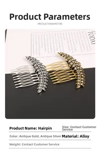 Detailed close-up of alloy leaf hair comb with antique finish and white rhinestones