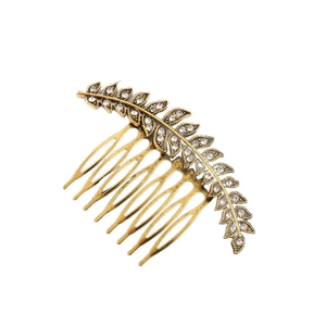 Minimalist gold leaf hair comb with sparkling white rhinestones for elegant hairstyles