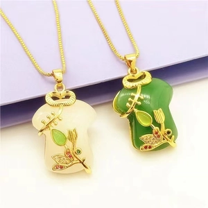 Cheongsam style titanium steel necklaces with green and white jade pendants