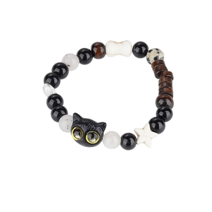 Cute black cat and cheese beaded bracelet with handmade charms and vintage style for women