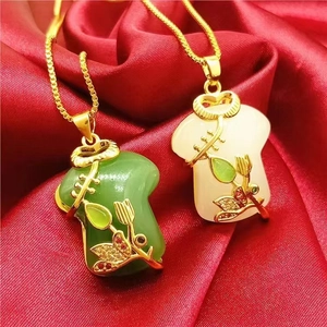 Chinese Style Qipao Jade Pendant Necklace For Women Stainless Steel Chain Copper Inlaid Faux Jade Rhinestone Jewelry