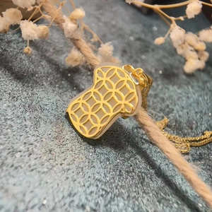 Cheongsam style gold plated titanium steel necklace with jade pendant and hollow pattern