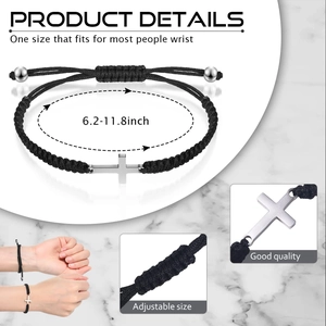 Bracelet croix tressé fait main avec cordon noir réglable et pendentif en métal