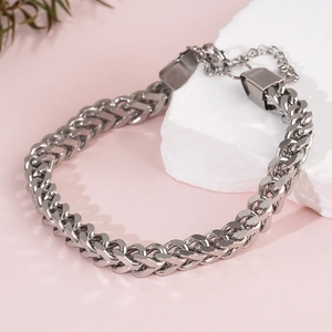 Bracelet hip-hop pour homme en acier inoxydable argenté avec chaîne de blé et fermoir