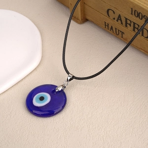 Collar de amuleto ojo turco de cristal azul de 3cm con cordón negro y cierre de plata