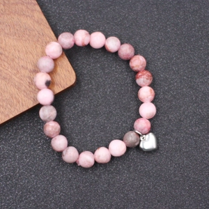 Pulsera de cuentas de piedra imperial cebra rosa con dije de corazón para mujer