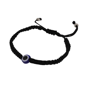 Adjustable black braided rope bracelet featuring a blue evil eye bead and turtle charm