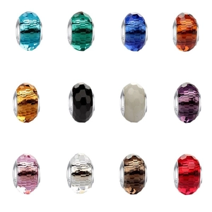 Set of twelve colorful faceted crystal glass charms with S925 silver core for DIY bracelets