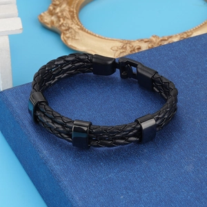 Men's triple-layer black braided leather bracelet with polished black metal sliders and clasp