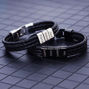 Braided Leather Bracelet For Men Engraved Name Stainless Steel Beads Father Day Gift Jewelry Black Silver