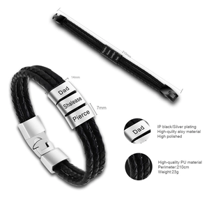 Customized braided leather bracelet for men with engraved stainless steel beads for Father's Day