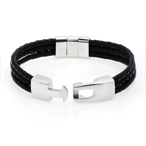 Men's multi-layer black braided leather bracelet with stainless steel magnetic clasp