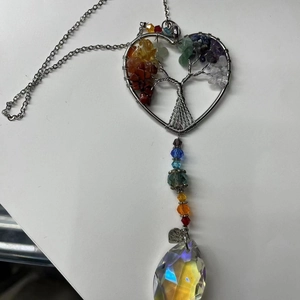 Chakra tree of life heart suncatcher with colorful crystals and teardrop prism pendant