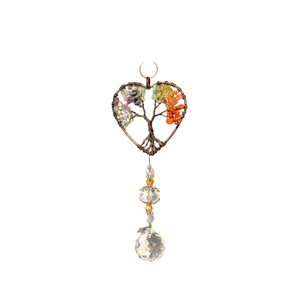 Tree of Life heart crystal suncatcher with colorful natural stones and prism pendant