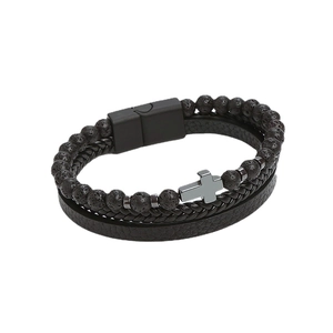 Bracelet multicouche pour hommes en cuir et pierre de lave avec une croix et fermoir aimanté