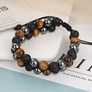 Handmade triple layer bracelet with natural tiger eye, obsidian and hematite beads