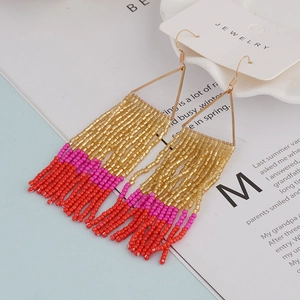Handmade Bohemian tassel earrings with colorful beads and golden triangle frames