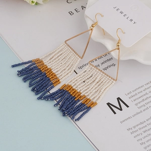 Detail view of Bohemian fringe earrings with gold triangle frame and three-color seed beads