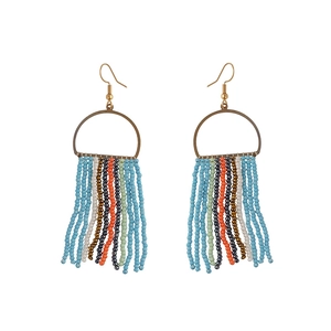 Handmade Bohemian long tassel earrings featuring colorful seed beads and gold frames