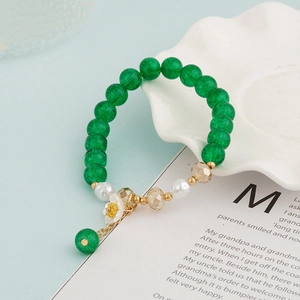 Winter colorful crystal beaded bracelet with white flower charm and green beads for women