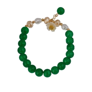 Colorful floral crystal beaded bracelet with green cracked beads and white pearl accents