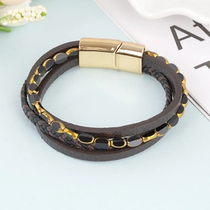 Handmade multilayer leather bracelet with glass beads and golden magnetic clasp