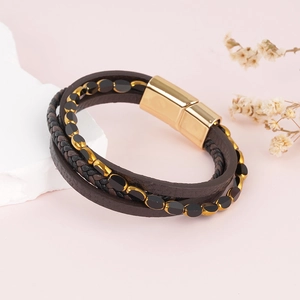 Men's multilayer leather bracelet with glass beads and golden magnetic clasp