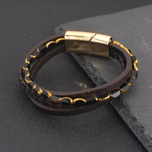 Vintage Men Multilayer Cowhide Leather Bracelet Braided Rope Alloy Magnetic Buckle Coffee Brown Handwoven Men Jewelry
