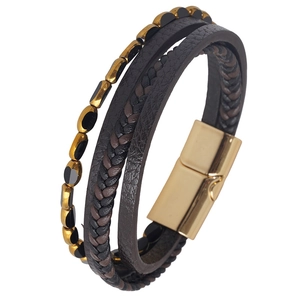 Multilayer men's leather bracelet with glass beads and magnetic clasp in a vintage style