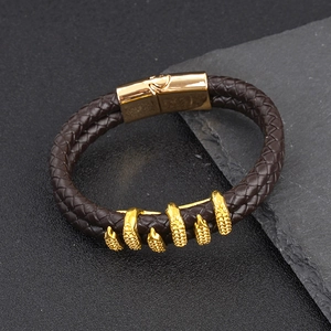 Men's retro brown braided leather bracelet with golden metal studs and magnetic clasp