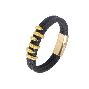 Men's double-strand black braided leather bracelet with gold claw charms and magnetic clasp