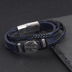 Pulsera multicapa para hombre de cuero trenzado con dije vintage y cierre magnético