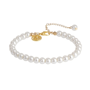 Vintage French style pearl bracelet with golden Fu character charm and adjustable chain