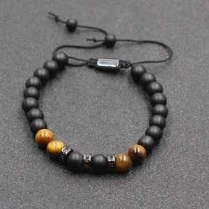 Men's handmade tiger eye bead bracelet with matte black stones and adjustable cord