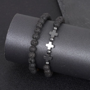 Ensemble de bracelets pour hommes en perles d'hématite noire avec pendentifs croix