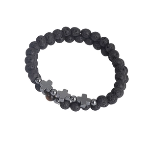 Ensemble de bracelets pour hommes en pierre de lave noire avec croix en métal gris