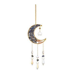 Detailed gold moon suncatcher featuring lapis lazuli stones and crystal prism pendants