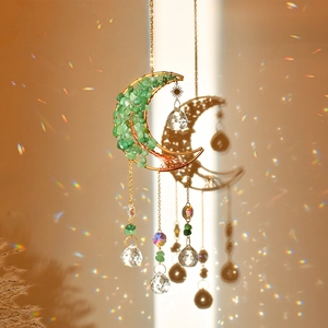 Golden crescent moon sun catcher with green stone tree of life and crystal ball prisms