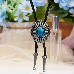 Retro Bolo-Krawatte mit Sonnenblume, blauem Edelstein und schwarzer geflochtener Kordel