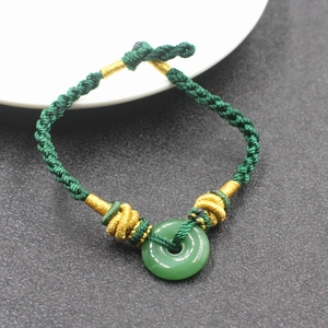 Handmade Braided Green Hetian Jade Peace Buckle Bracelet For Women Vintage Chinese Style Adjustable Cord Jewelry Gift