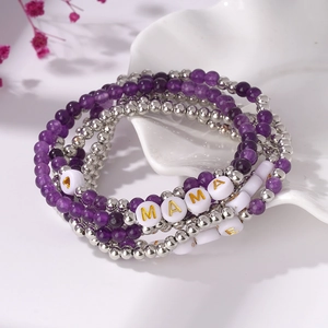 Braccialetti MAMA boho multistrato con perline viola e dettagli in argento