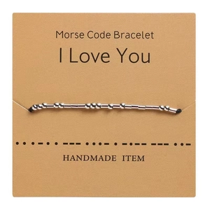 Morse Code I Love You bracelet with silver beads on black cord and craft gift card