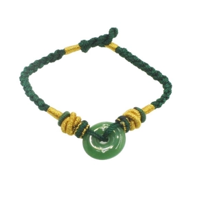 Handcrafted dark green braided Hetian jade donut pendant bracelet with golden silk accents