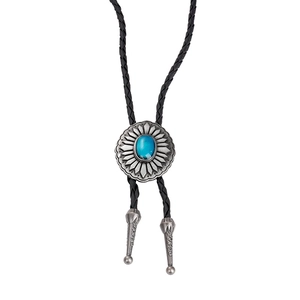 Retro-Bolo-Krawatte mit silbernem Blumenanhänger und blauem Türkis an schwarzer Lederkordel