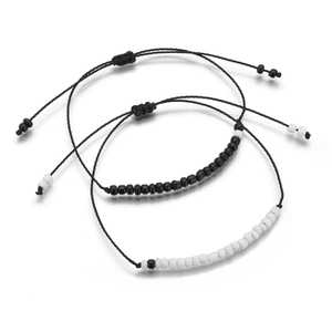 Adjustable hand-woven crystal bead bracelet set with black obsidian beads for couples