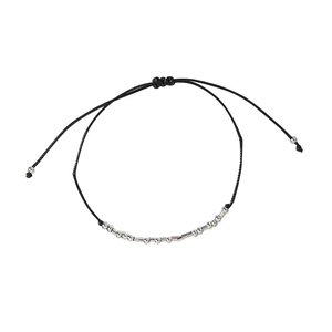 Minimalist black woven rope bracelet with silver metal beads and adjustable sliding knot