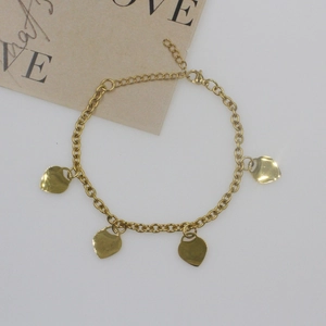 Golden stainless steel heart charm bracelet with four heart pendants and adjustable chain